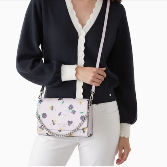 NWT Kate Spade Large Convertible Chain Crossbody Pink Pansy with Print - Picture 2 of 8